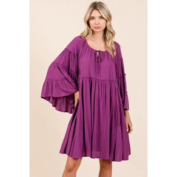 Frill Tie Neck Bell Sleeve Dress.