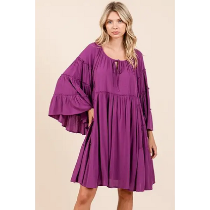 Frill Tie Neck Bell Sleeve Dress.