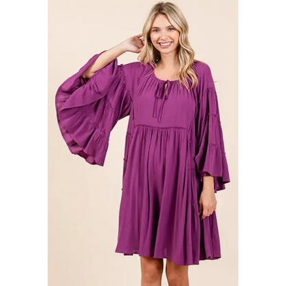 Frill Tie Neck Bell Sleeve Dress.
