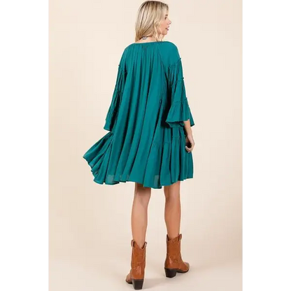 Frill Tie Neck Bell Sleeve Dress.