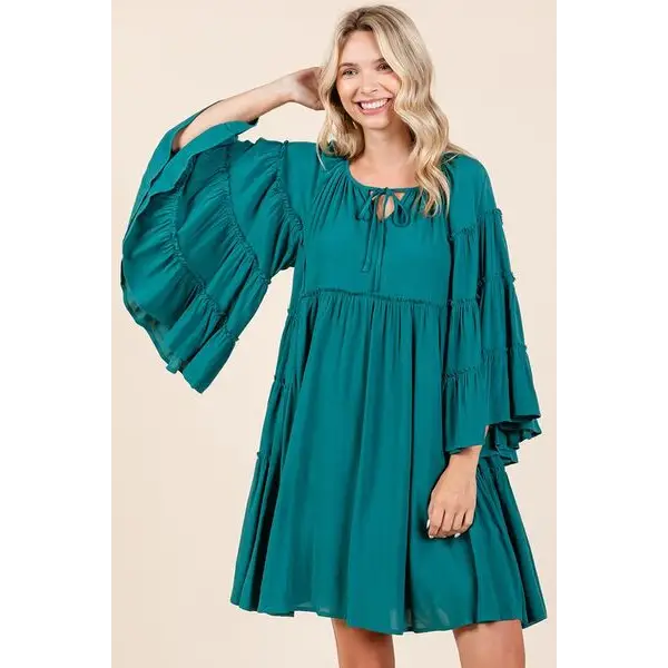 Frill Tie Neck Bell Sleeve Dress.