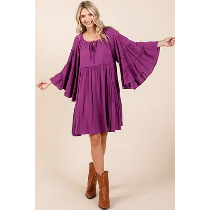 Frill Tie Neck Bell Sleeve Dress.