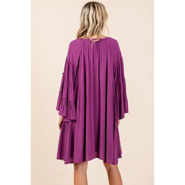Frill Tie Neck Bell Sleeve Dress.