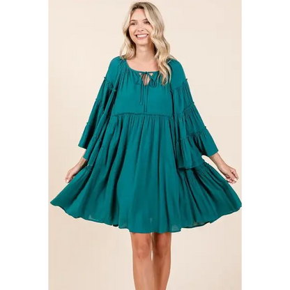 Frill Tie Neck Bell Sleeve Dress.