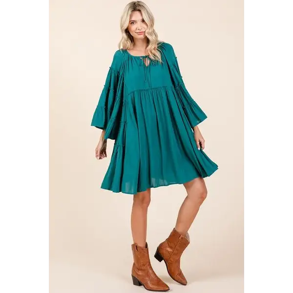 Frill Tie Neck Bell Sleeve Dress.