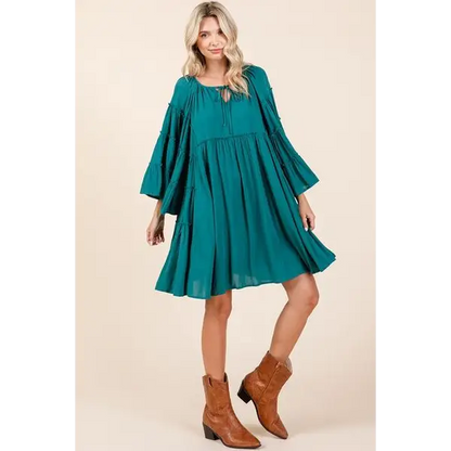 Frill Tie Neck Bell Sleeve Dress.