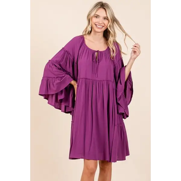 Frill Tie Neck Bell Sleeve Dress.