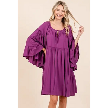Frill Tie Neck Bell Sleeve Dress.