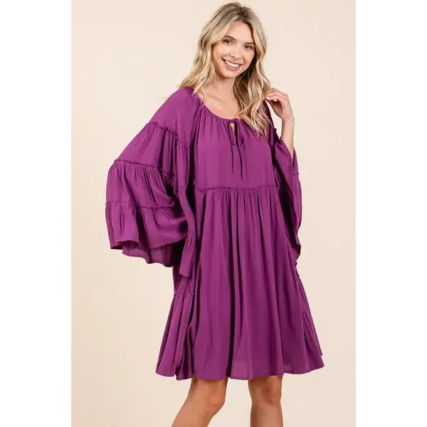 Frill Tie Neck Bell Sleeve Dress.