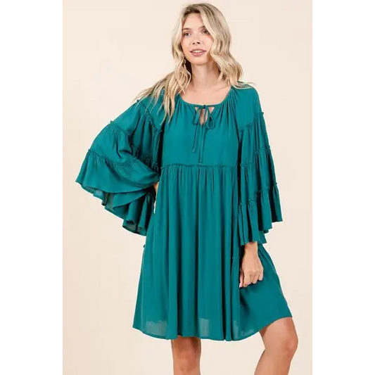 Frill Tie Neck Bell Sleeve Dress.