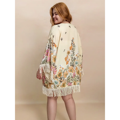 Fringe Printed Open Front Cardigan.
