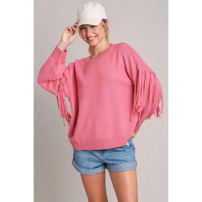 Fringe Round Neck Long Sleeve Sweater.