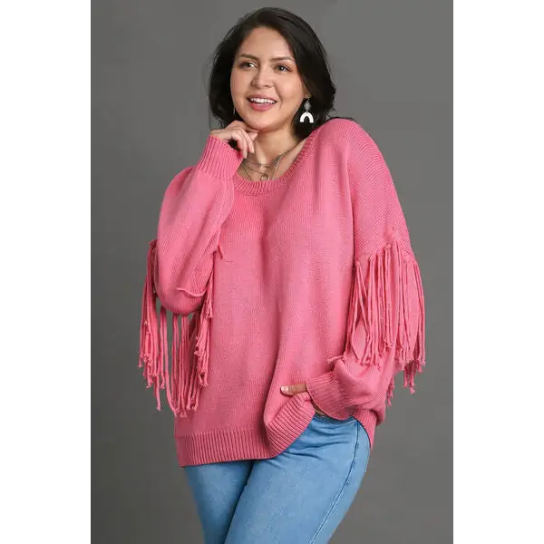 Fringe Round Neck Long Sleeve Sweater.