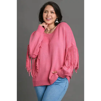Fringe Round Neck Long Sleeve Sweater.