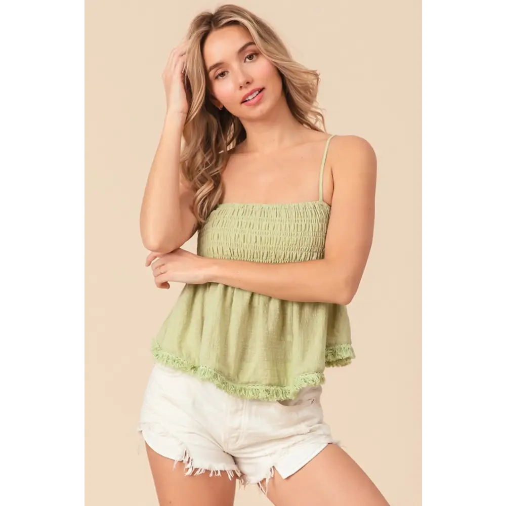 Fringed Hem Smocked Cami.