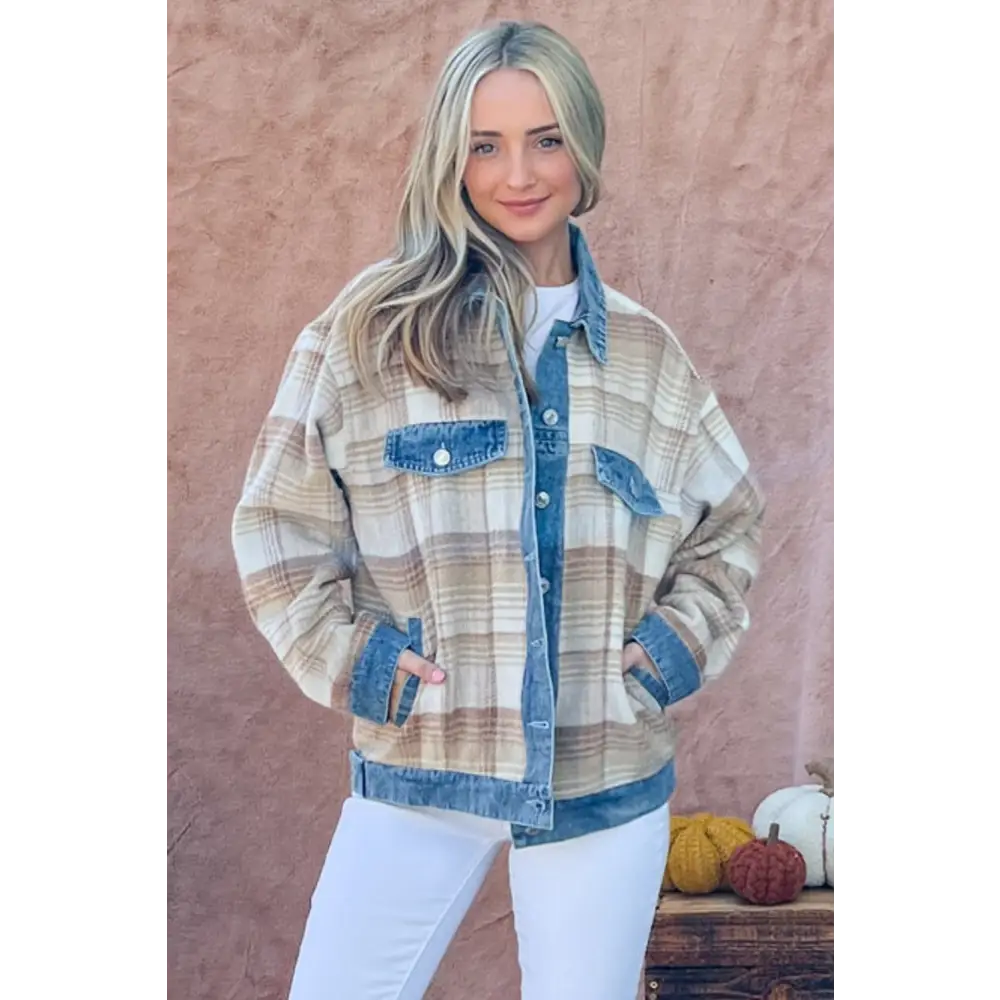 Full Size Washed Denim Detail Brushed Plaid Jacket.
