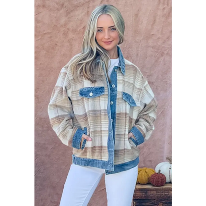 Full Size Washed Denim Detail Brushed Plaid Jacket.