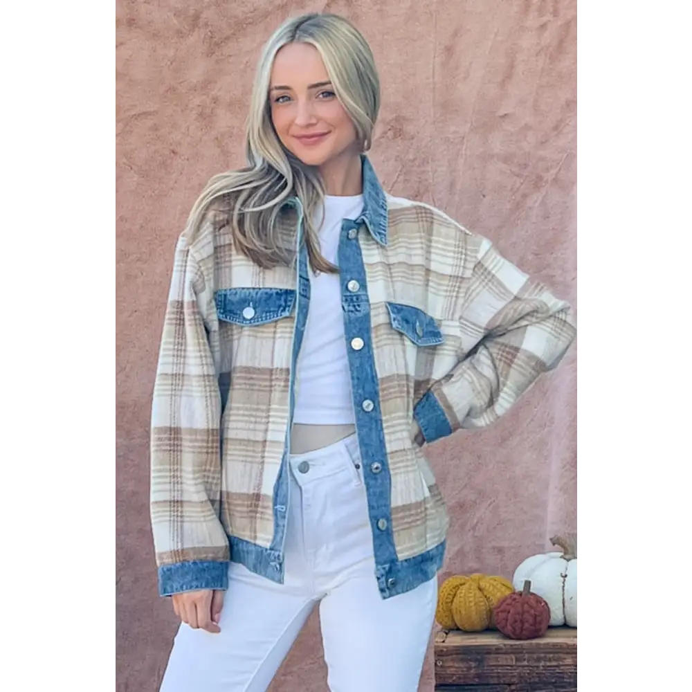 Full Size Washed Denim Detail Brushed Plaid Jacket.