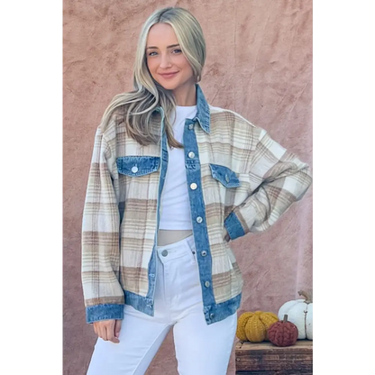 Full Size Washed Denim Detail Brushed Plaid Jacket.