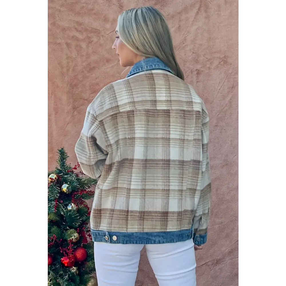 Full Size Washed Denim Detail Brushed Plaid Jacket.