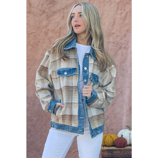 Full Size Washed Denim Detail Brushed Plaid Jacket.