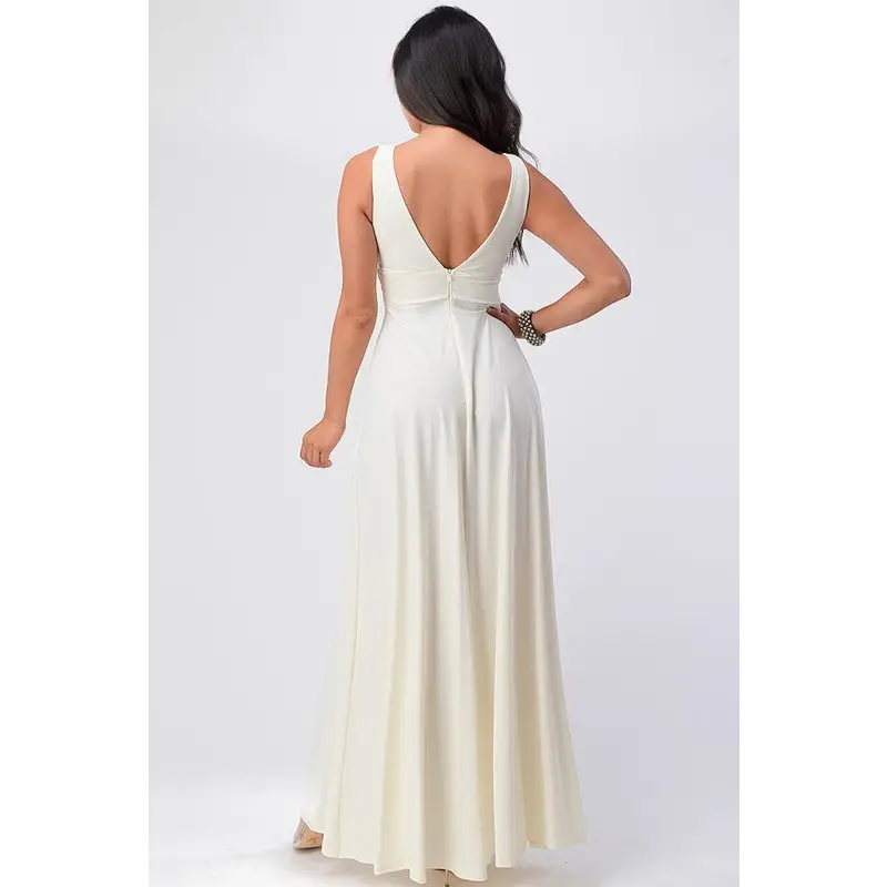 Full tricot deep V-Neck A-Line Dress.