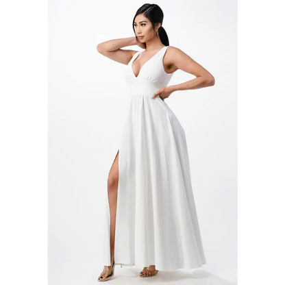 Full tricot deep V-Neck A-Line Dress.