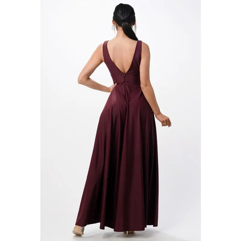 Full tricot deep V-Neck A-Line Dress.
