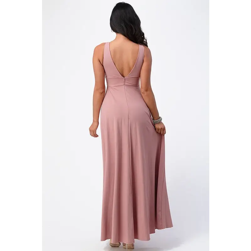 Full tricot deep V-Neck A-Line Dress.