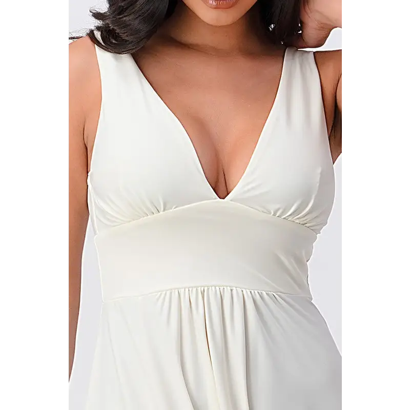 Full tricot deep V-Neck A-Line Dress.