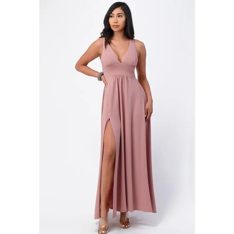 Full tricot deep V-Neck A-Line Dress.