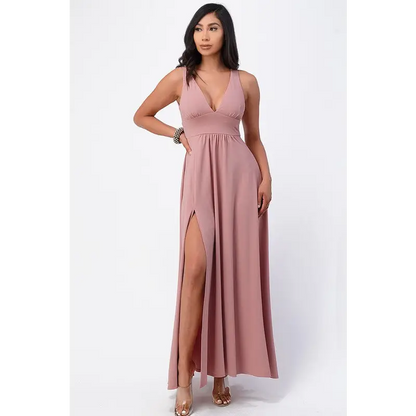 Full tricot deep V-Neck A-Line Dress.
