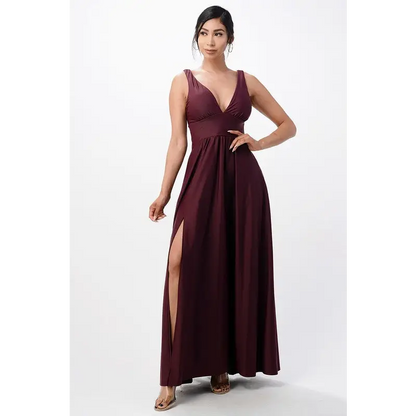 Full tricot deep V-Neck A-Line Dress.