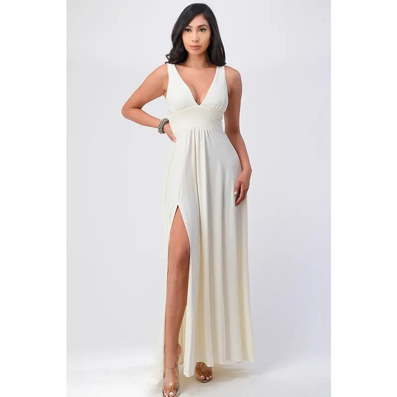 Full tricot deep V-Neck A-Line Dress.