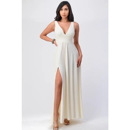 Full tricot deep V-Neck A-Line Dress.