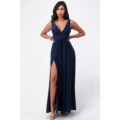 Full tricot deep V-Neck A-Line Dress.