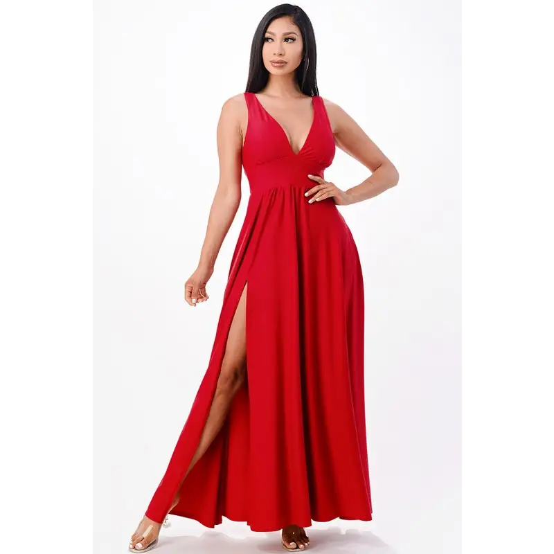 Full tricot deep V-Neck A-Line Dress.