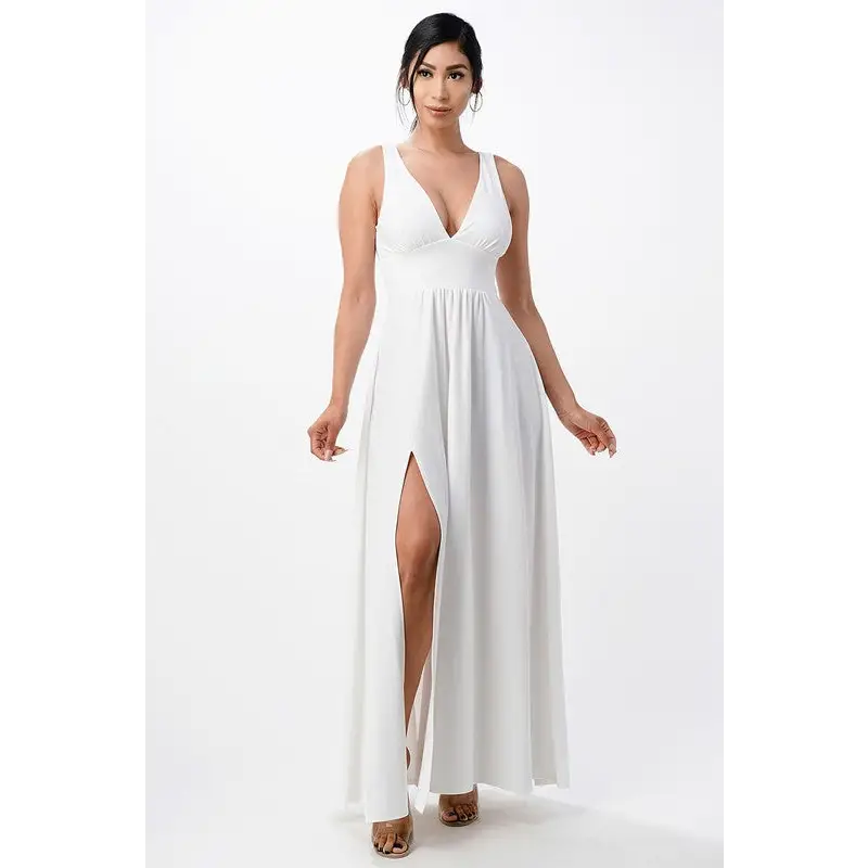 Full tricot deep V-Neck A-Line Dress.
