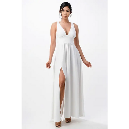Full tricot deep V-Neck A-Line Dress.