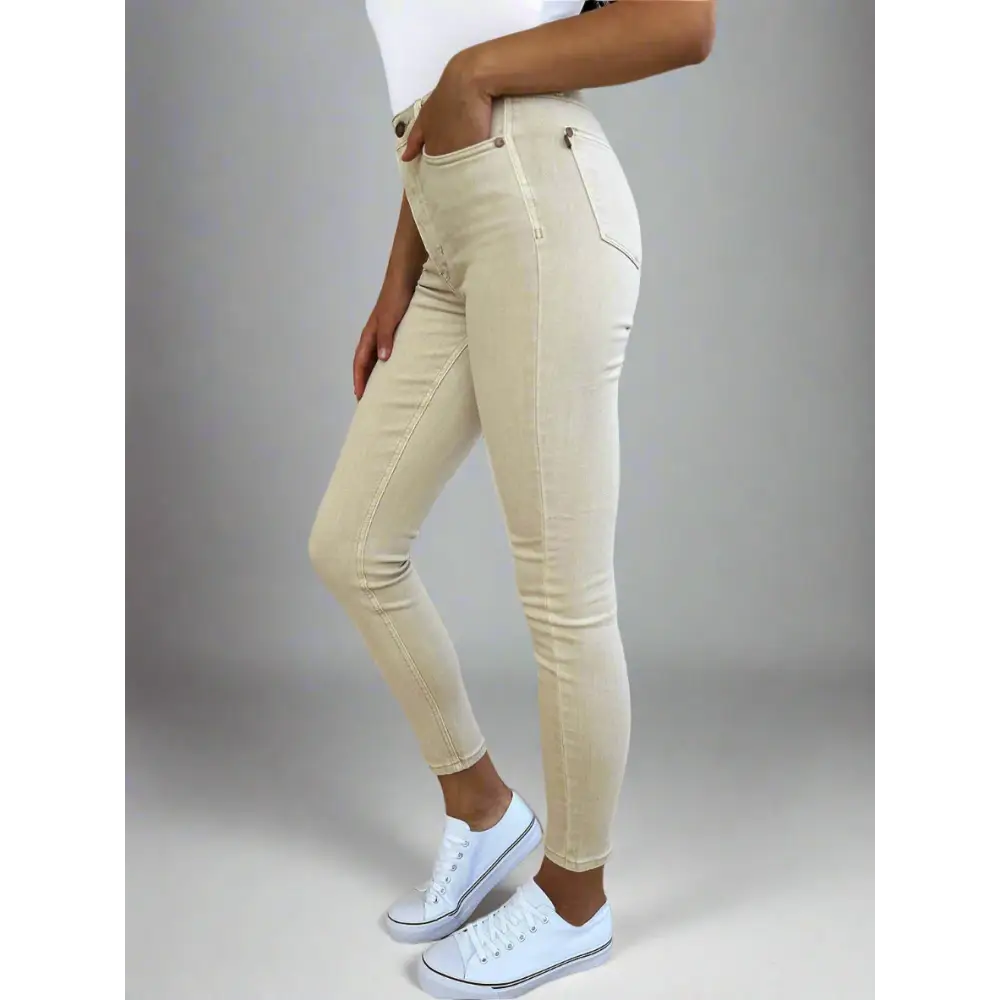 Garment Dyed Tummy Control Skinny Jeans.