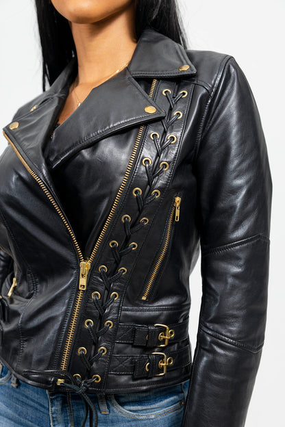 Gisele Women's Lace-Accent Leather Moto Jacket