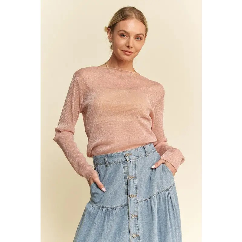 Glitter Mesh Lettuce Hem Long Sleeve Top.
