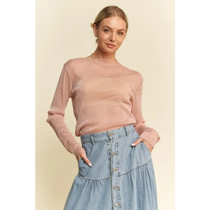 Glitter Mesh Lettuce Hem Long Sleeve Top.