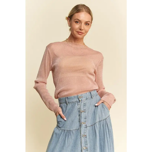 Glitter Mesh Lettuce Hem Long Sleeve Top.