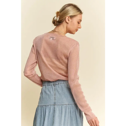 Glitter Mesh Lettuce Hem Long Sleeve Top.
