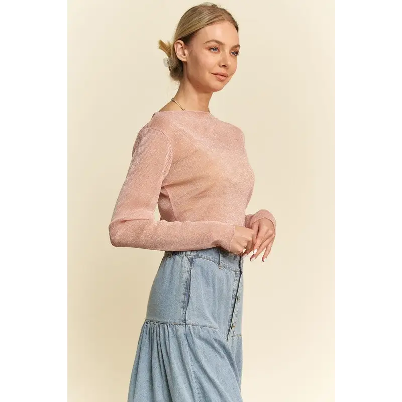 Glitter Mesh Lettuce Hem Long Sleeve Top.