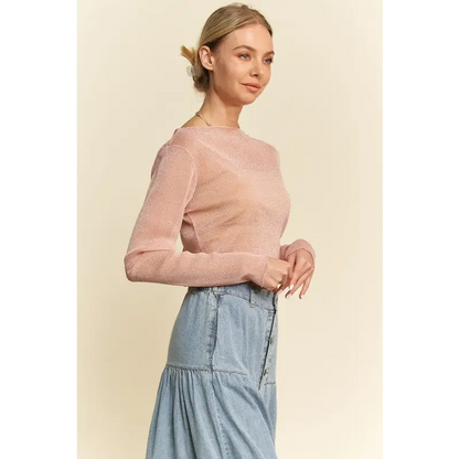 Glitter Mesh Lettuce Hem Long Sleeve Top.