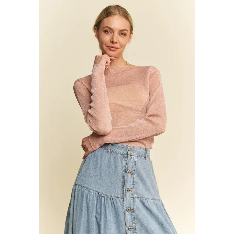 Glitter Mesh Lettuce Hem Long Sleeve Top.
