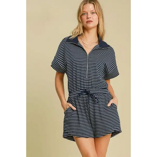 Half Zip Striped Romper.