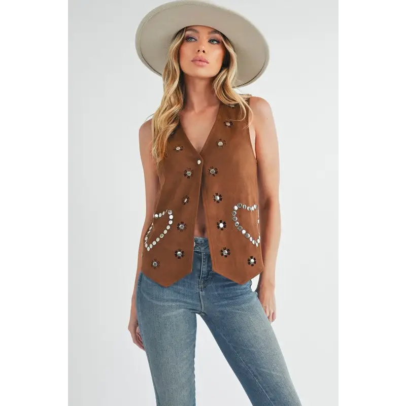 Heart Rivet Detail Suede Vest Coat.